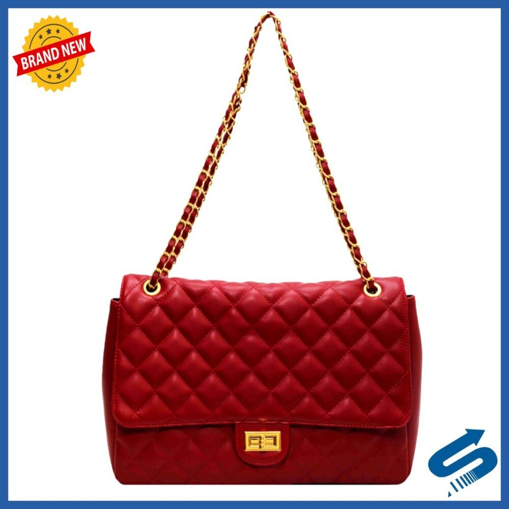 Large Quilted Vegan Leather Crossbody Purse With Adjustable Chain Strap
